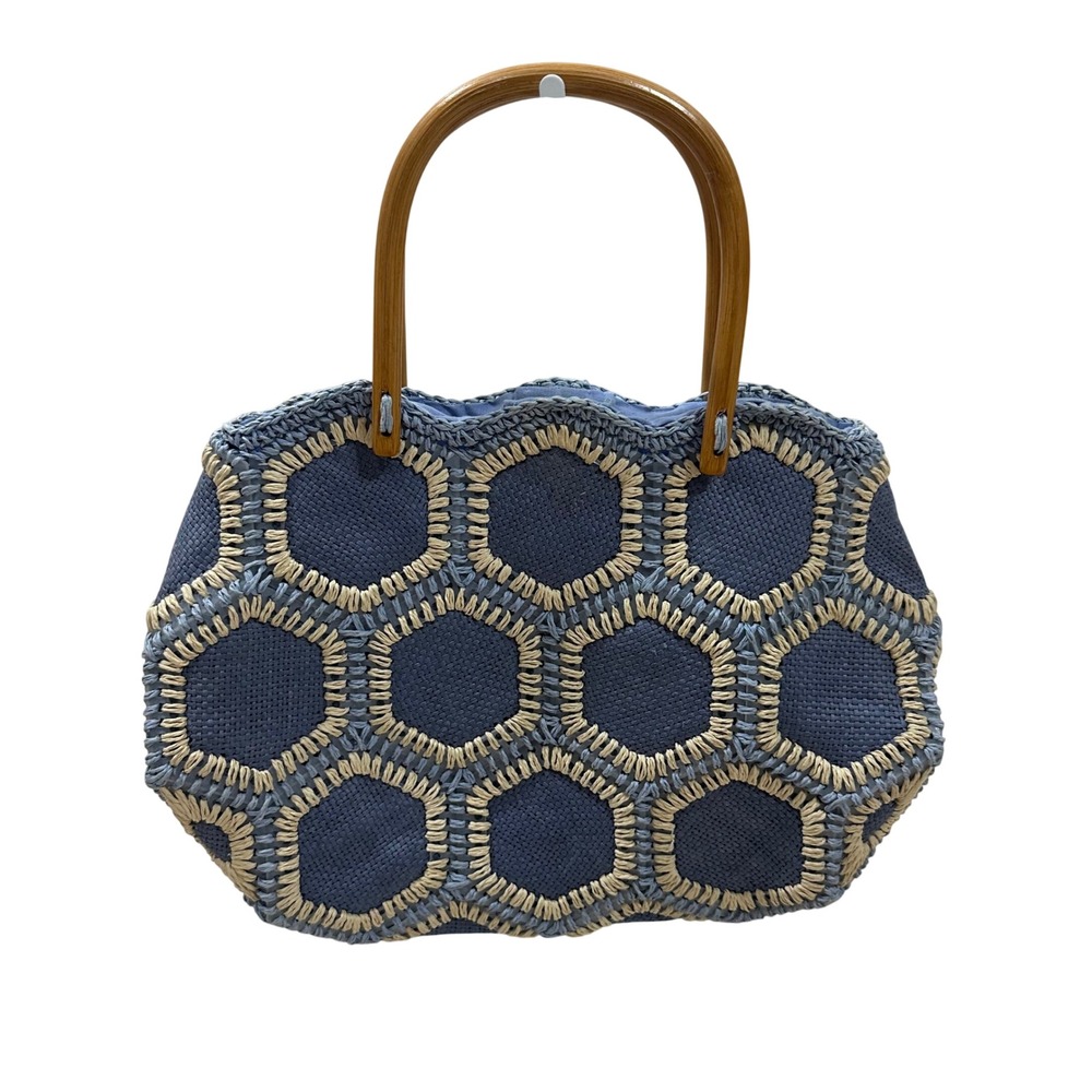 Connie Blue Straw Honeycomb Handbag Wood Handle‎ Vintage Style Geometric Tote